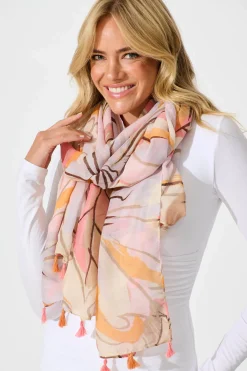 Online Wild Side Scarf in Pink and Multi with Tassels Scarves