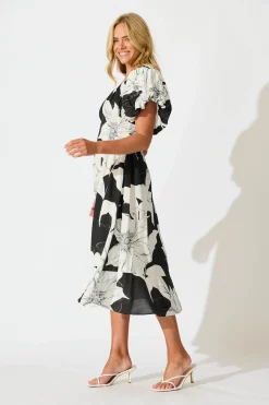 Outlet Wintour Midi Dress In Black With White Floral Dresses|Casual