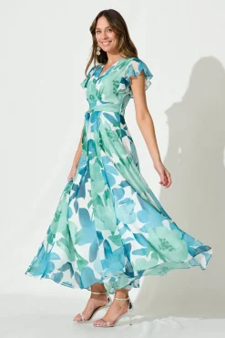 Sale Wynter Maxi Dress In Green And Blue Floral Chiffon Dresses|Party