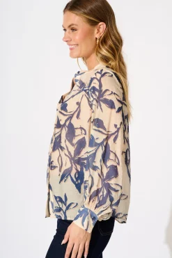 Clearance Yulia Top in Cream with Blue Leaf Print Tops|Casual