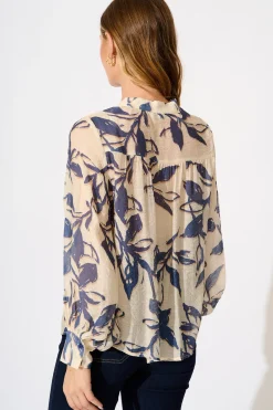 Clearance Yulia Top in Cream with Blue Leaf Print Tops|Casual