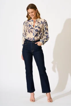 Clearance Yulia Top in Cream with Blue Leaf Print Tops|Casual