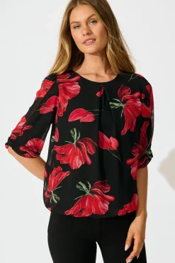 Sale Yvette Top in Black with Red Floral Tops|Workwear