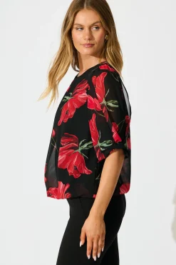 Sale Yvette Top in Black with Red Floral Tops|Workwear