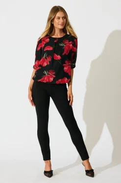 Sale Yvette Top in Black with Red Floral Tops|Workwear