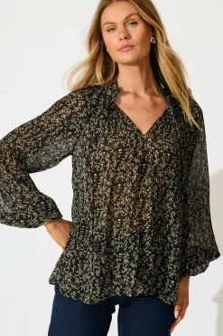 Online Zahara Top in Black Multi Floral Plisse Tops|Workwear