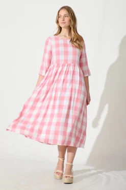 New Zara Midi Smock Dress in Pink with White Gingham Cotton Dresses|Casual