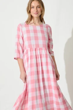 New Zara Midi Smock Dress in Pink with White Gingham Cotton Dresses|Casual