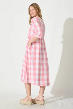New Zara Midi Smock Dress in Pink with White Gingham Cotton Dresses|Casual