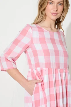 New Zara Midi Smock Dress in Pink with White Gingham Cotton Dresses|Casual