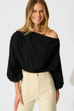 Discount Zita Off Shoulder Top in Black Cotton Linen Tops|Casual
