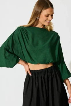 Best Zita Off Shoulder Top in Emerald Cotton Linen Tops|Casual