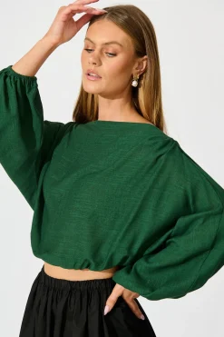 Best Zita Off Shoulder Top in Emerald Cotton Linen Tops|Casual